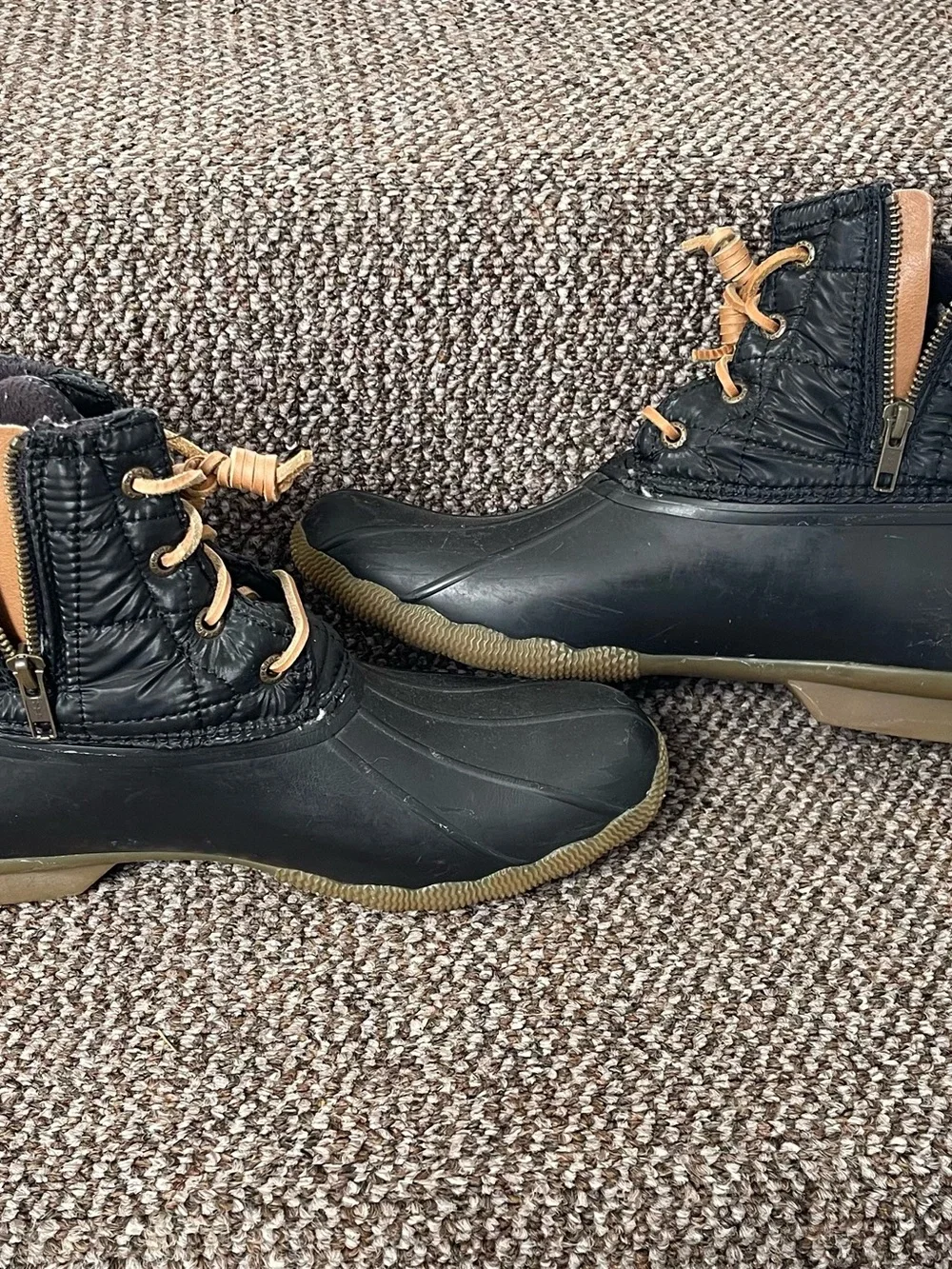 Sperry Black Duck Boots with Tan Laces and Quilted Upper